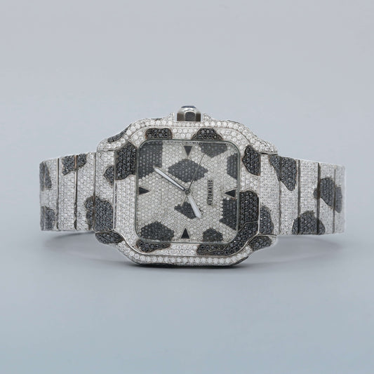 Two Tone Zebra Print Full Iced Out Moissanite Watch