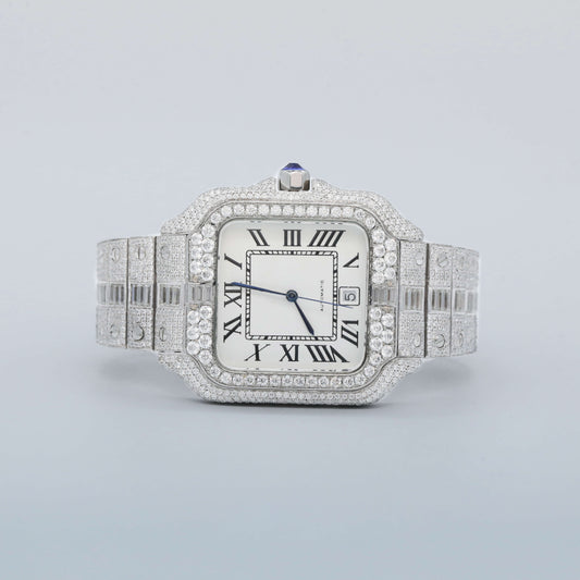 Round And Baguette Moissanite Iced Out Automatic Watch