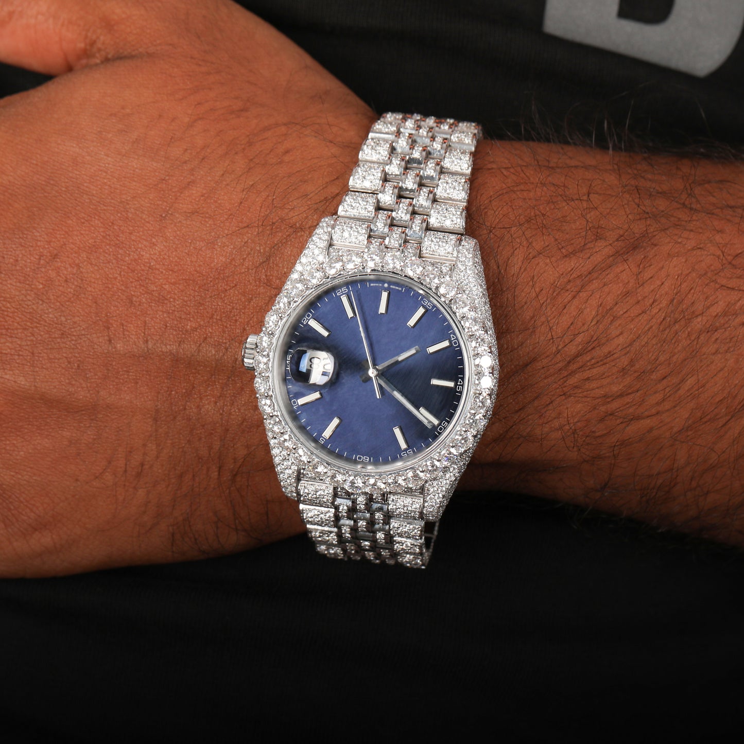 Moissanite Fully Bust Down Dark Blue Dial Automatic Watch For Man,