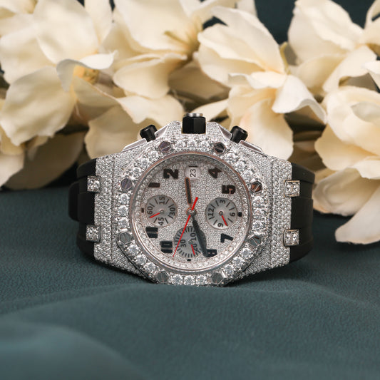 Moissanite Black Belt Exclusive Half Iced Out Dial Chronograph Watch