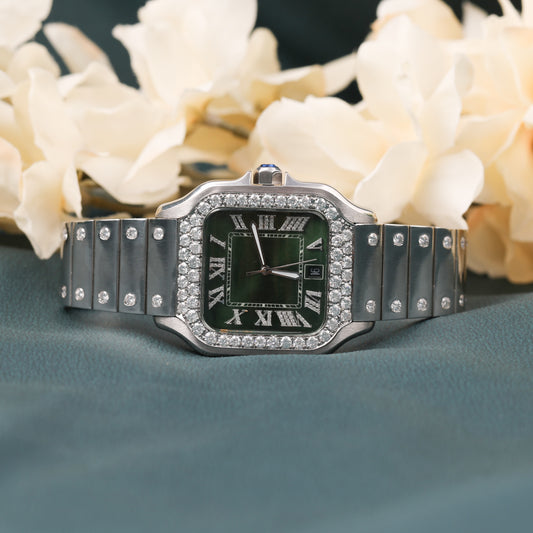 Elegant Round Moissanite Studded Square Green Dial Automatic Movement With Date